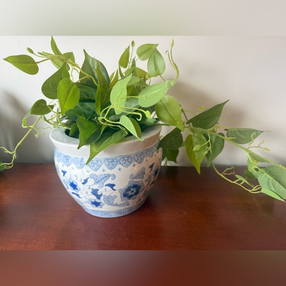 Other - Blue and White Floral Ceramic Planter with Greenery (artificial greenery)